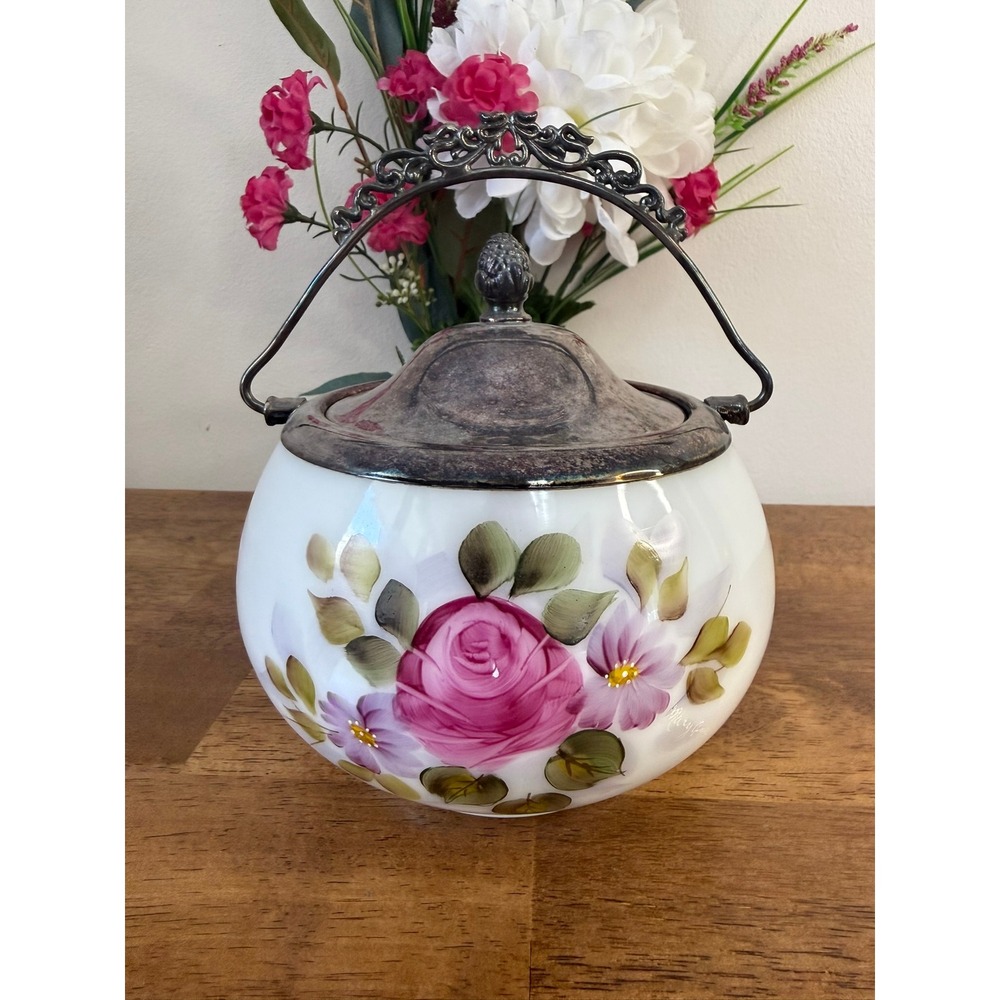 Antique Wm A Rogers Milk Glass Biscuit Barrel Signed Hand Painted Roses Floral
